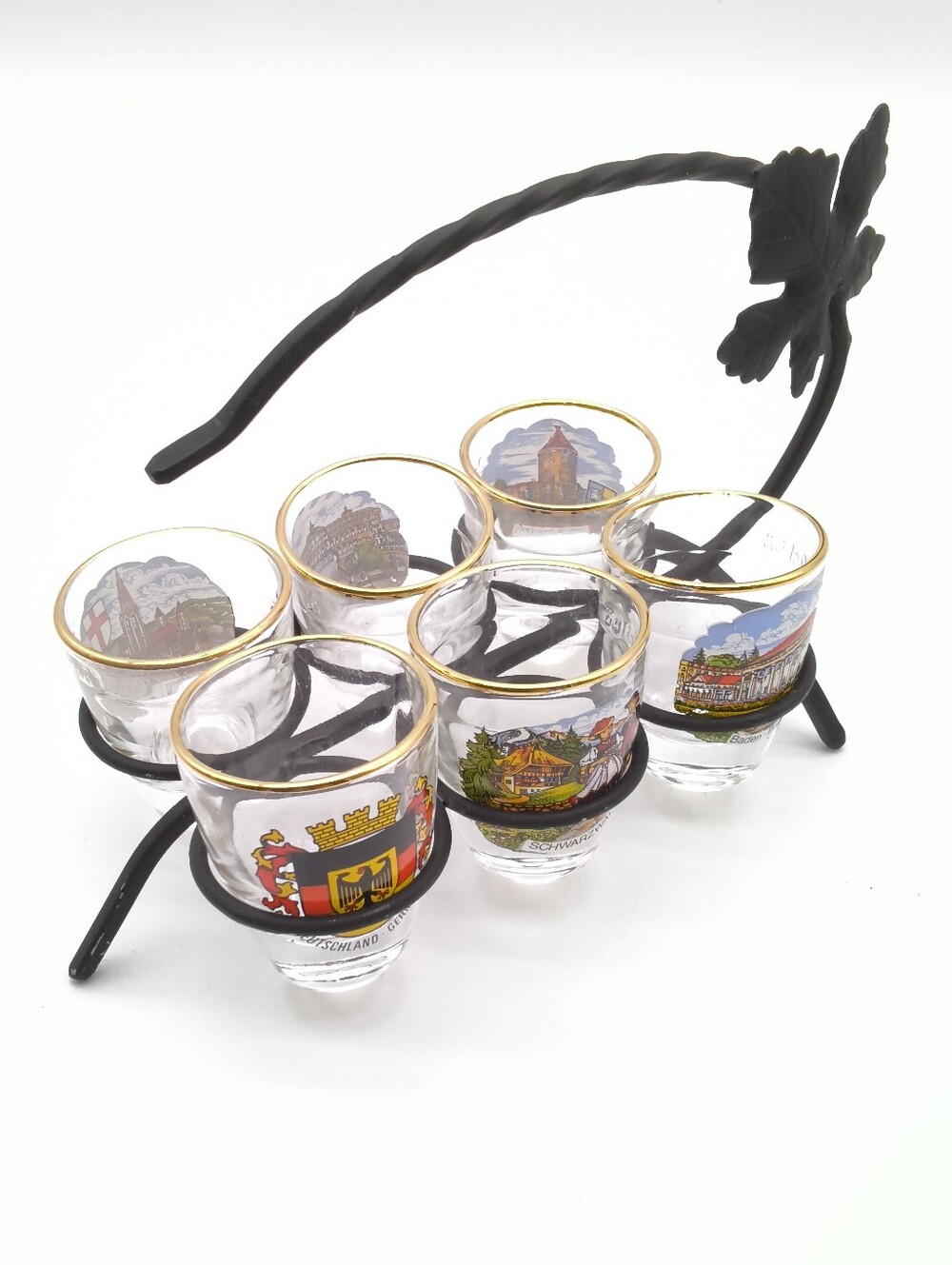 Vintage German Souvenir Shot Glass Set 6. Black Forest, Schwarzwald Metal Holder